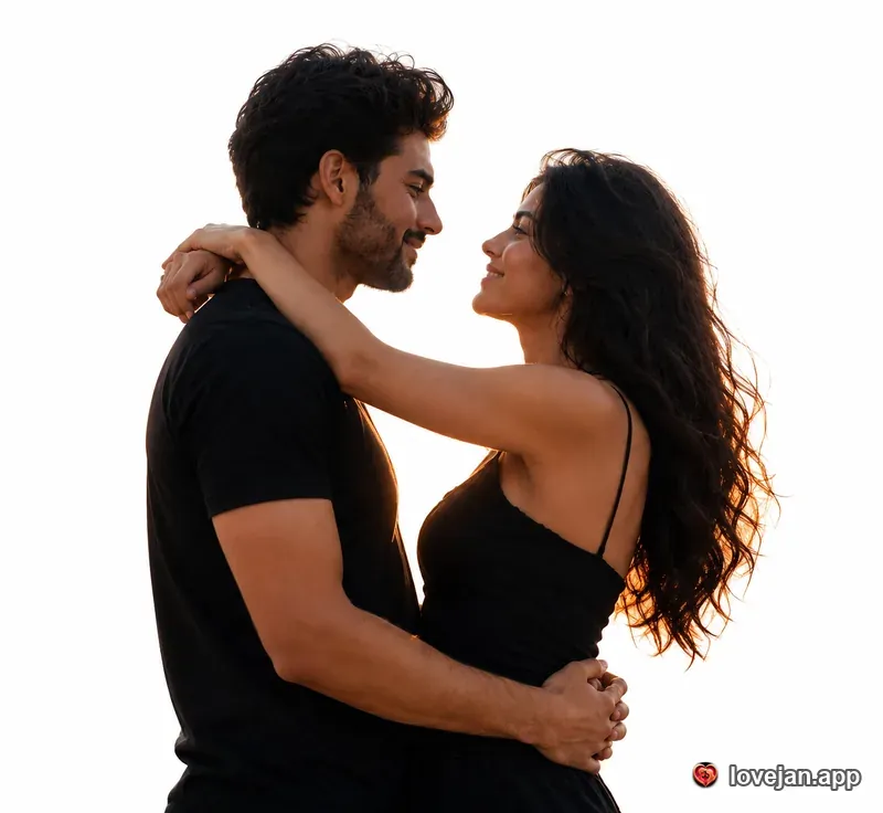 A couple smiling and embracing