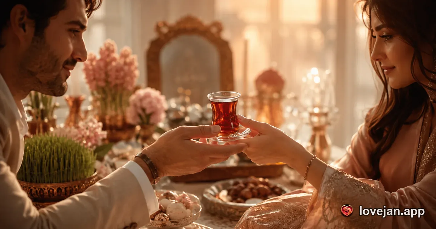 A Persian couple celebrating Nowruz together at a haft-sin table